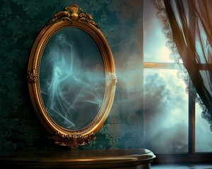 Haunted mirror with ghost reflection, Halloween backdrop, space for text,
