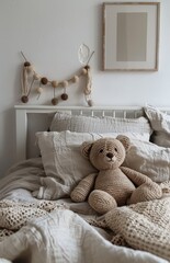 White Bedroom With Beige Bear And Dried Flowers