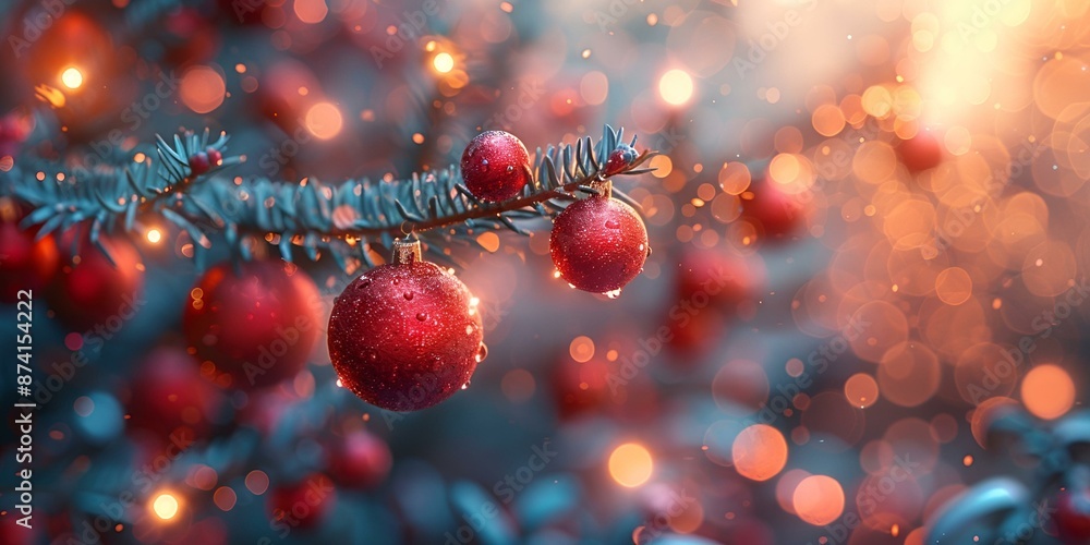 Poster a christmas tree adorned with red berries and surrounded by bokeh lights.