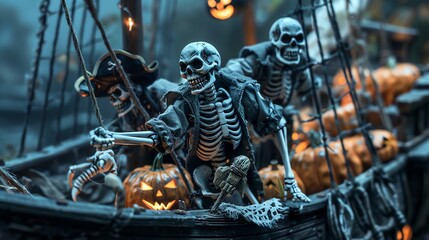 Fototapeta premium Skeleton crew on pirate ship, Halloween backdrop, space for text,