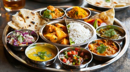 A colorful Indian thali with a variety of curries, rice, bread, and chutneys served on a metal platter.