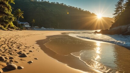 A picturesque beach at sunset, with gentle waves, golden sand, and lush greenery, enhanced by an artificial lens flare effect.