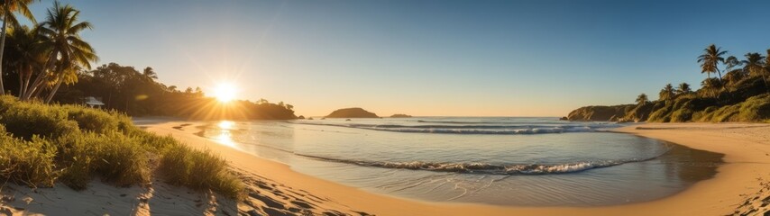 A picturesque beach at sunset, with gentle waves, golden sand, and lush greenery, enhanced by an artificial lens flare effect.