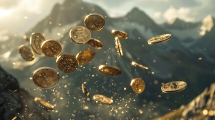 Gold coins gently floating in the wind with mountain peaks, capturing themes of prosperity and serene majesty