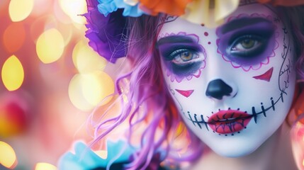 Obraz premium Happy Halloween. Woman Adult teenagers in costumes and makeup. Girl with intricate Day of the Dead face paint, illuminated by vibrant pink and blue lights, with blurred bokeh lights in the background