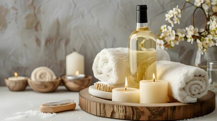 Bottle of white wine with candles, soap and towels on a wooden tray over a light background in the style of a spa salon concept banner