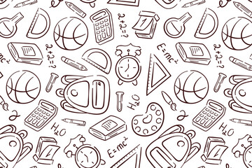 Obraz premium Back to school doodle seamless pattern. Hand drawn background with school supplies alarm, basketball, ruler, pen, pencil. Vector illustration.