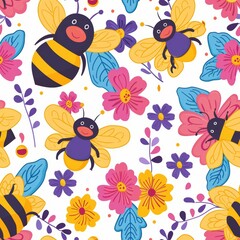 Fototapeta premium A seamless pattern of funny cute Bees and flowers. Print for wallpapers or textile
