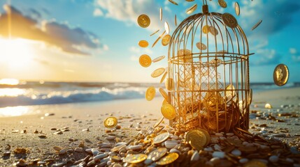 Golden coins escaping from an open birdcage into a clear blue sky, representing wealth and newfound freedom