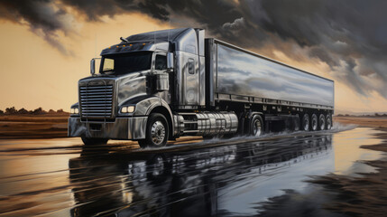 A black semi-truck with a trailer drives down a wet road toward a fiery sunset.