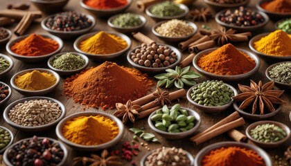 Assortment of Spices in Bowls on Wooden Background.