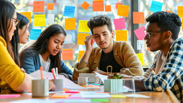 A diverse group of university students work together in a collaborative study session, surrounded by colorful sticky notes, communicating and sharing ideas