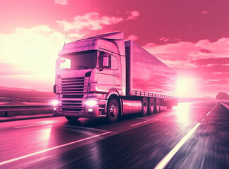 A semi-truck hauling a trailer travels down a straight highway as the sun sets in the distance.