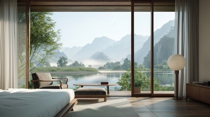 Fototapeta premium Tranquil Spring Morning: Mountains and River View through Golden Ratio Window Composition