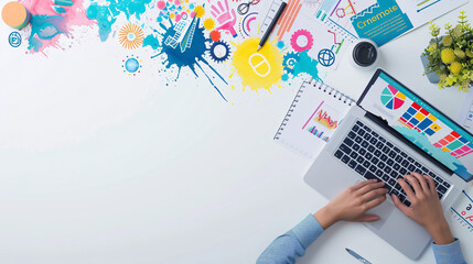 Marketing concept with person using a laptop on a white table