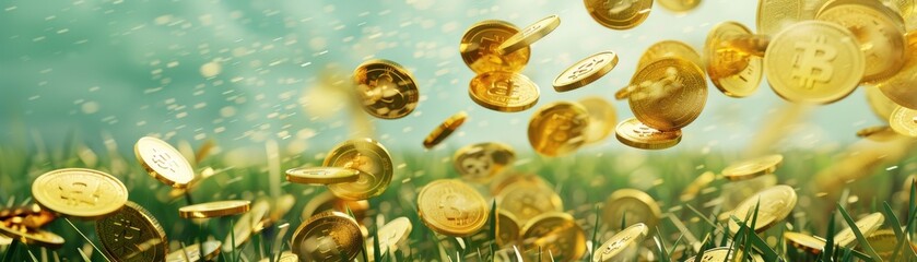 Golden coins swirling in the wind beneath a clear blue sky, representing financial abundance and liberation