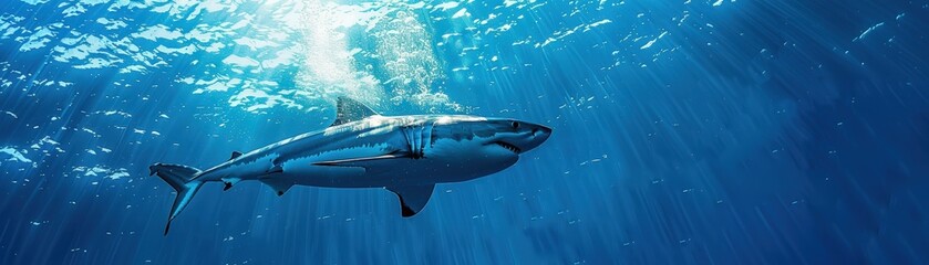 Fototapeta premium Stunning underwater shot of a great white shark gliding through the deep blue sea, showcasing its powerful presence and the beauty of marine life.