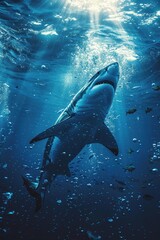 Obraz premium Stunning underwater shot of a great white shark swimming gracefully with sunlight streaming through the ocean surface.