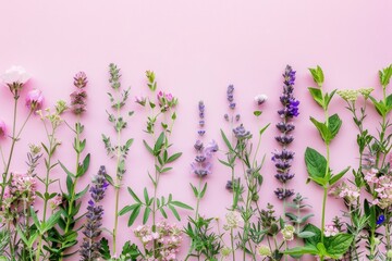 Naklejka premium Herbs And Flowers. Various Beautiful Herbs and Flowers Arranged on Pale Pink Background, Top View with Floral Border