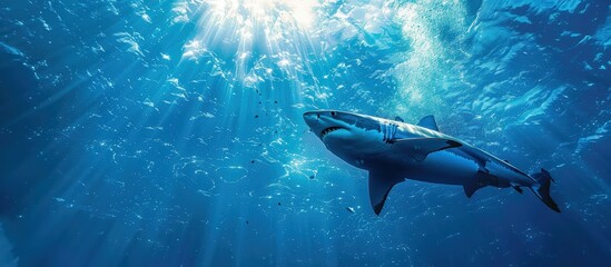 A stunning underwater shot of a great white shark swimming gracefully with sunlight filtering through the ocean surface.