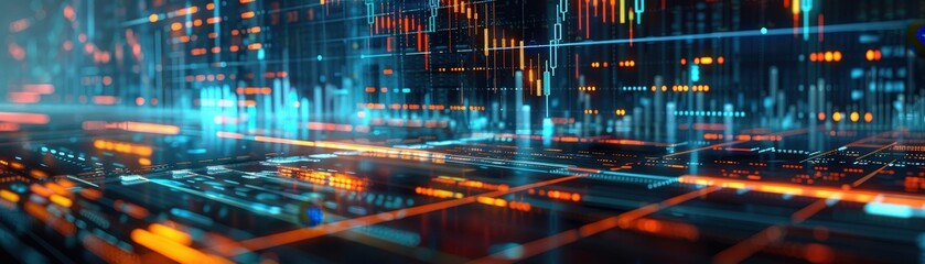 Abstract technology background featuring futuristic digital data visualization with glowing lines and dynamic elements.