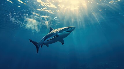 Naklejka premium A stunning image of a great white shark gracefully swimming in the deep blue ocean with sunlight streaming through the water.
