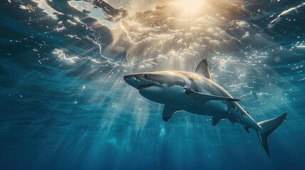 Obraz premium Stunning underwater shot of a great white shark swimming gracefully with sunlight streaming through the water.