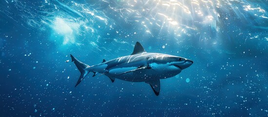 Obraz premium A stunning image of a great white shark swimming gracefully in the deep blue ocean, illuminated by sunlight filtering through the water.