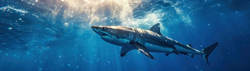 Fototapeta premium A stunning image of a great white shark swimming gracefully underwater, illuminated by sunlight filtering through the ocean surface.