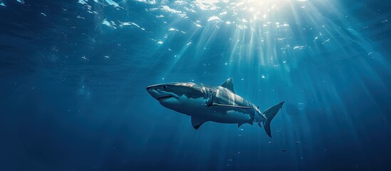 Fototapeta premium A stunning image of a great white shark swimming gracefully underwater, illuminated by rays of sunlight penetrating the ocean's surface.