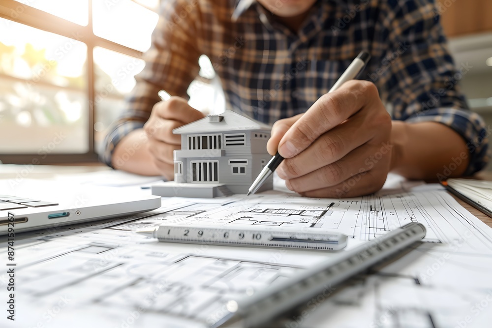Poster architect designing a building model with blueprints and tools