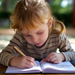 smiling little kid doodling with a pen and paper, drawing and writing on a white page in a school, colourful, coloring a page