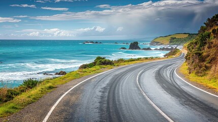 A scenic coastal road with panoramic views.