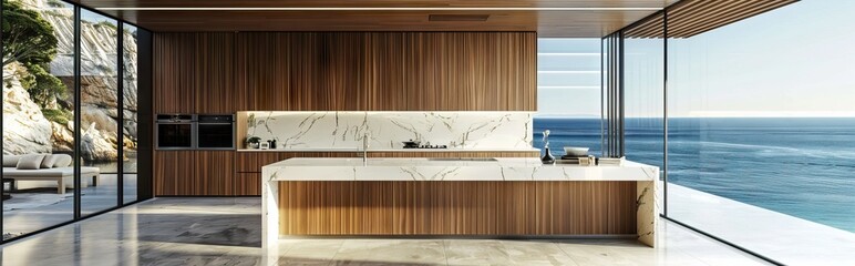 Clean and empty marble countertop, green vintage kitchen furniture with lots of flowers and bowl of strawberries, pair of white hanging pendant lights. AI generated illustration