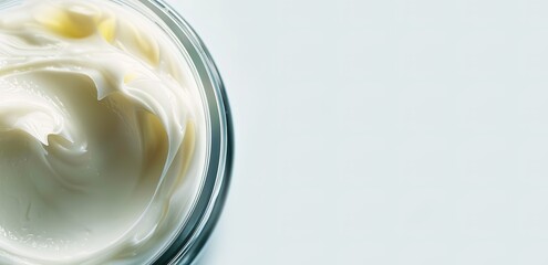 A white cream in a glass tube on a white background is photographed in half