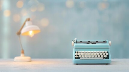 Vintage typewriter and lamp on a desk, creating a cozy writing space.