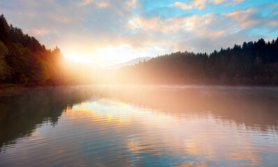 Morning evaporation of water over the lake - Autumn landscape with Karagol (Black lake) - A popular destination Black Sea, Savsat, Artvin