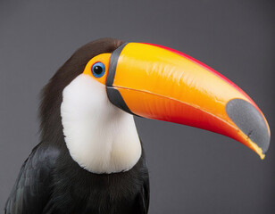 Obraz premium A vibrant toucan with a colorful beak against a grey backdrop