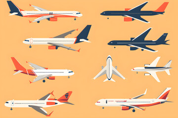 Diverse Collection of Airplane Icons in Flat Design for Multiple Applications