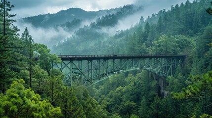 Obraz premium A scenic railway bridge over a forested gorge