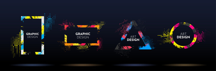 Vector frame for text. Modern art graphic. Dynamic frame. Paint brush stroke in geometric shape with halftone dots. Element for design business or gift card, event invitation, flyer, leaflet, cover © VVadi4ka