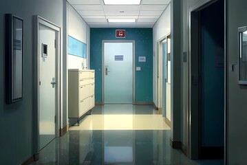 ゲーム背景　学校廊下の行き止まりにある扉	