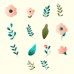 set of flowers and leaves