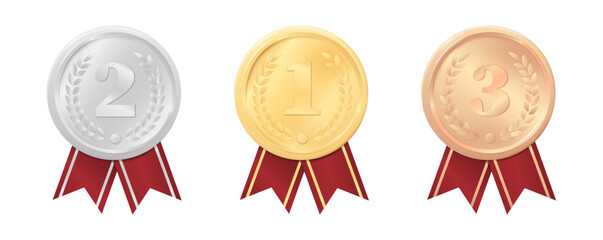  Illustration of gold medal, silver medal and bronze medal with red ribbons