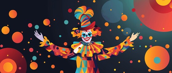 A colorful clown with a big smile stands in front of a background of vibrant circles.