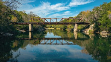 A scenic railway bridge over a tranquil river.