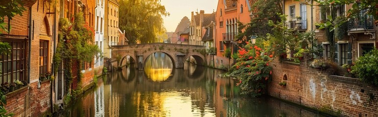 Fototapeta premium Evening building on the streets and amsterdam channels with illumination. AI generated illustration