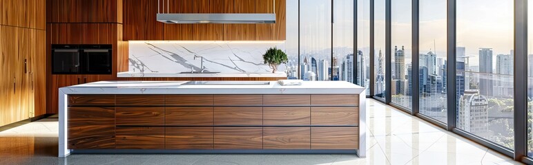 Clean and empty marble countertop, green vintage kitchen furniture with lots of flowers and bowl of strawberries, pair of white hanging pendant lights. AI generated illustration