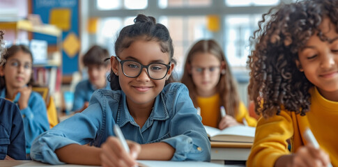 Obraz premium smiling little kid doodling with a pen and paper, drawing and writing on a white page in a school, colourful, coloring a page