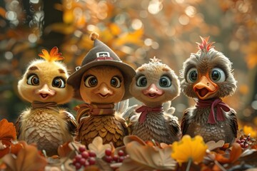 Festive Thanksgiving Celebration with Whimsical Feathered Friends including Turkey, Duck, and Swan in Delightful Cartoon Scene